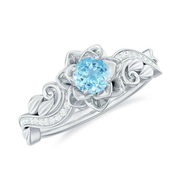 Rosec Jewels Natural Aquamarine Diamond Flower Engagement Ring for Women - AAA Quality Aquamarine Ring with Jewelry Box, 10K White Gold, US 6.50