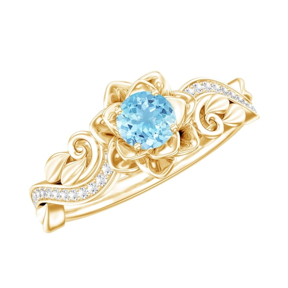 Rosec Jewels Natural Aquamarine Diamond Flower Engagement Ring for Women - AAA Quality Aquamarine Ring with Jewelry Box, 10K Yellow Gold, US 6.50