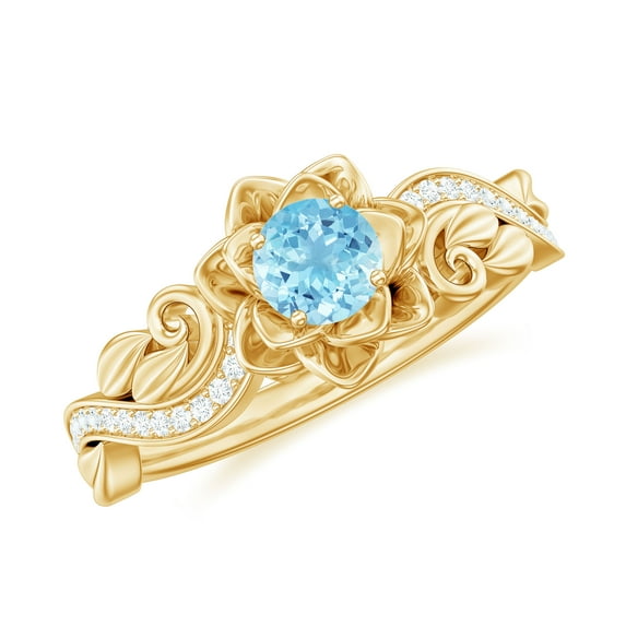 Rosec Jewels Aquamarine Flower Engagement Ring for Women - Natural Aquamarine Diamond Ring - AAA Grade - with Jewelry Box, 10K Yellow Gold, US 7.00