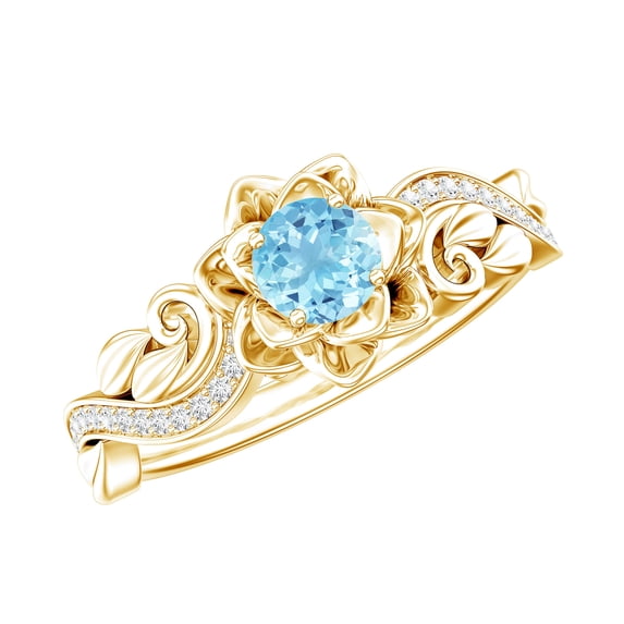 Rosec Jewels Natural Aquamarine Diamond Flower Engagement Ring for Women - AAA Quality Aquamarine Ring with Jewelry Box, 14K Yellow Gold, US 11.00