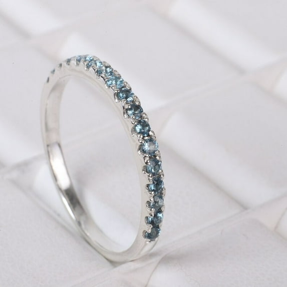 Aquamarine Half Eternity Wedding Band, Women's Proposal Band, March Birthstone Jewelry, Stackable Anniversary Gift, Match Birthstone