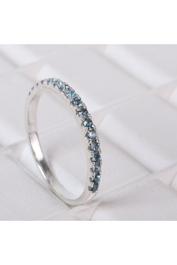 Aquamarine Half Eternity Wedding Band, Women's Proposal Band, March Birthstone Jewelry, Stackable Anniversary Gift, Match Birthstone