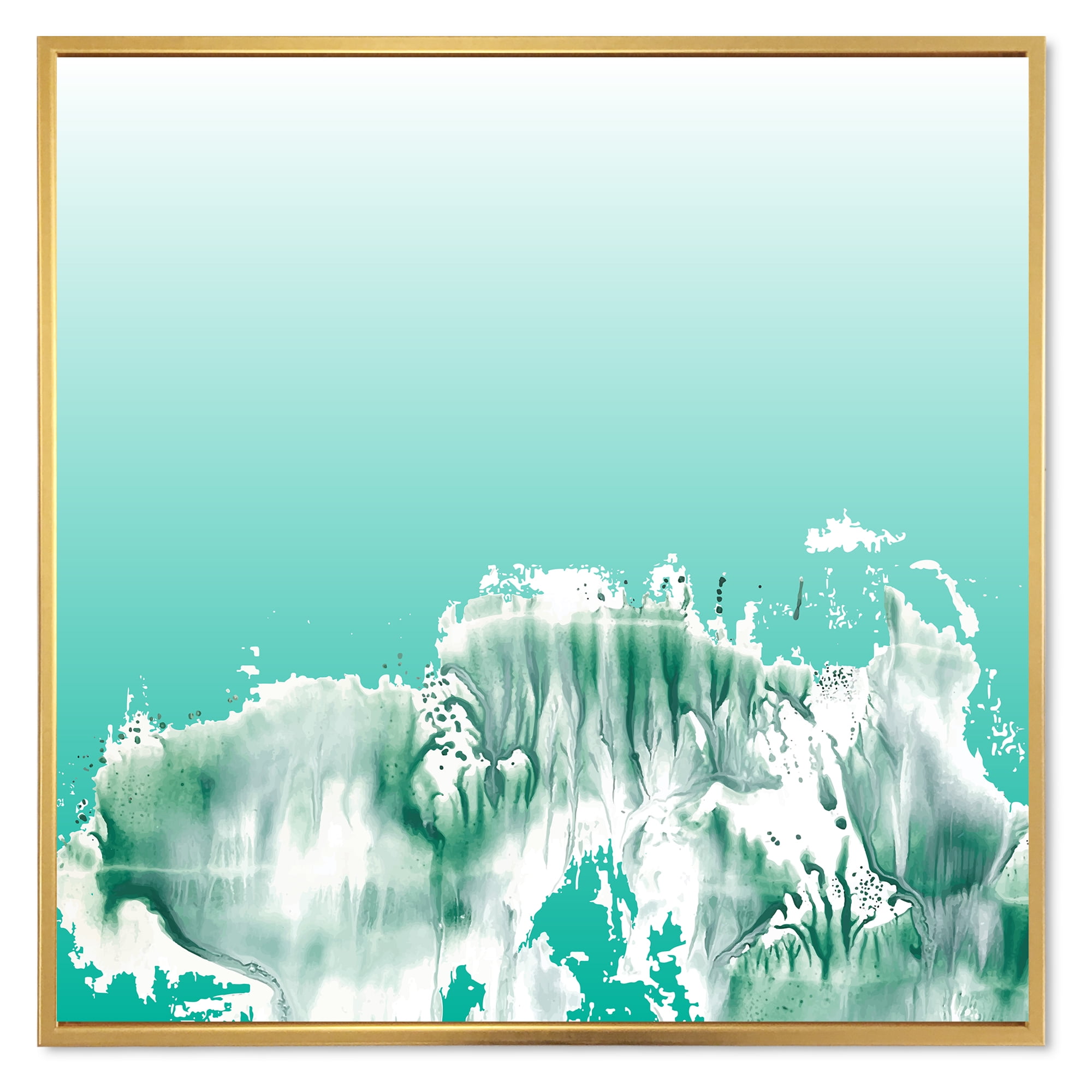 Aquamarine Landscape Turquoise Splashes 36 in x 36 in Framed Painting Canvas Art Print, by Designart
