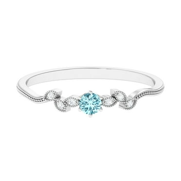Aquamarine Minimal Promise Ring with Diamond for Women (AAA Quality), 925 Sterling Silver, US 4.00