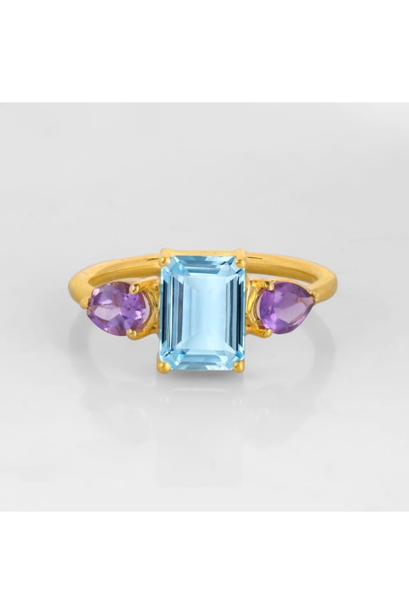 Aquamarine Octagon Cut Gemstone Ring, Pear Amethyst Vintage Ring, Prong Set Dainty Stacking Band Ring, Three Gemstone Ring, Minimalist Fine Jewelry,