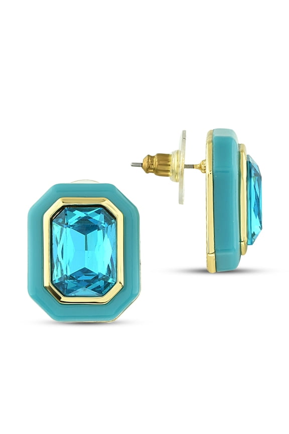 Aquamarine Resin Earrings, 14K Gold Plated Rectangle Earrings 26mm - Retro Stud Earrings, Large Vintage Earrings, Gift for Mom, Gift for Women, Blue Jewelry