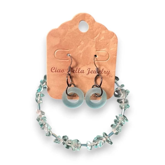 Aquamarine  Sea Glass Jewelry Set, Beaded Bracelet  Hoop Earrings