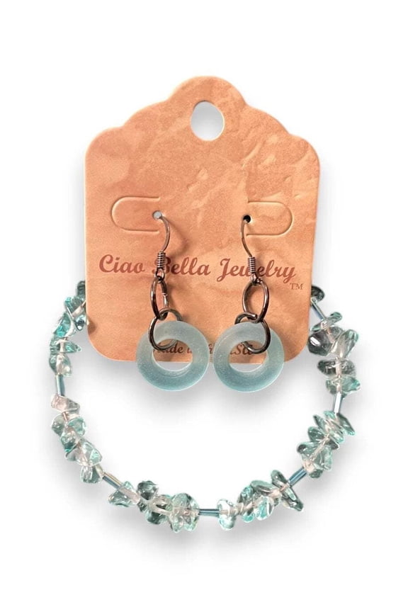 Aquamarine  Sea Glass Jewelry Set, Beaded Bracelet  Hoop Earrings