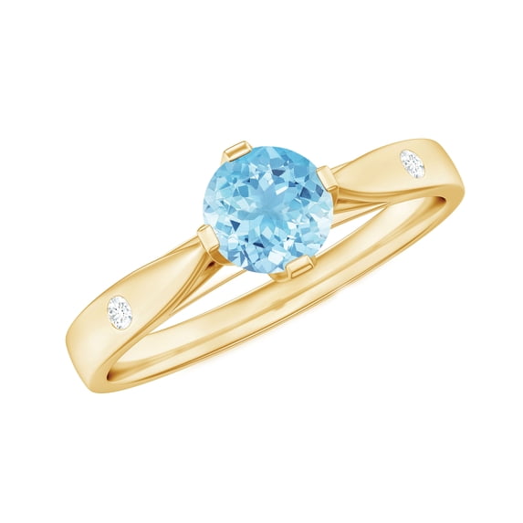 Rosec Jewels Aquamarine Engagement Ring with Diamond - 6 mm Round March Birthstone Ring - AAA Grade - with Jewelry Box, 14K Yellow Gold, US 10.50