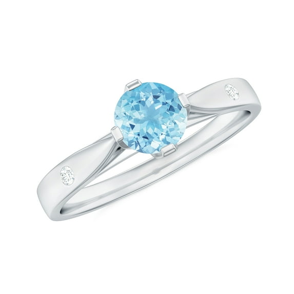 Rosec Jewels Aquamarine Engagement Ring with Diamond - 6 mm Round March Birthstone Ring - AAA Grade - with Jewelry Box, 925 Sterling Silver, US 4.00