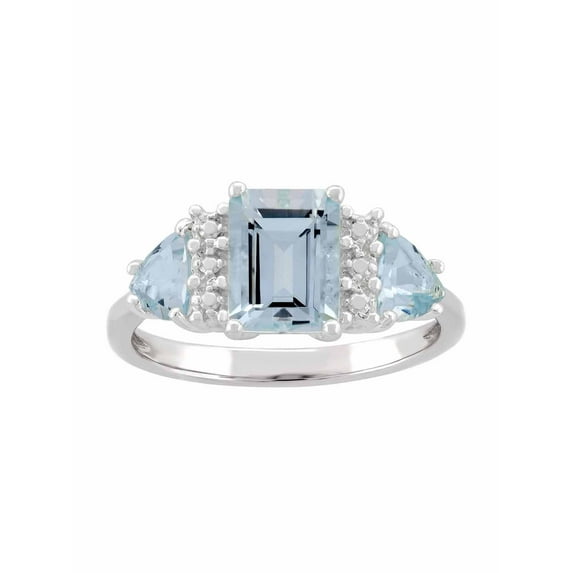 Aquamarine Sterling Silver Side Trillions and Emerald-Cut Center Three-Stone Ring