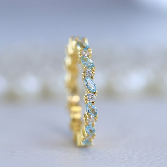 Aquamarine Wedding Band, 14k Yellow Gold Plated, Moissanite Diamond Band, Full Eternity Gold Band