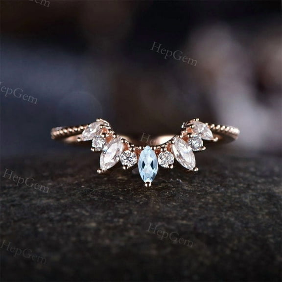 Aquamarine Wedding Band Marquise Moissanite Stack Ring Crown Band Gold Women Anniversary Curved Gift For Her
