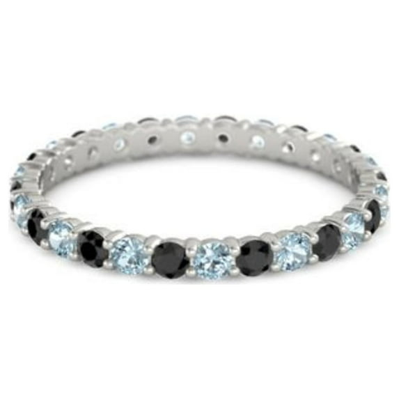 Aquamarine With Black Spinel Round 2.50 MM Eternity 925 Sterling Silver Women Stackable Wedding Ring Size US- 10