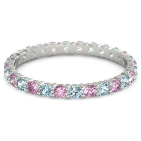 Aquamarine With Pink Tourmaline Round 2.50 MM Eternity 925 Sterling Silver Women Stacking Ring Size US- 8