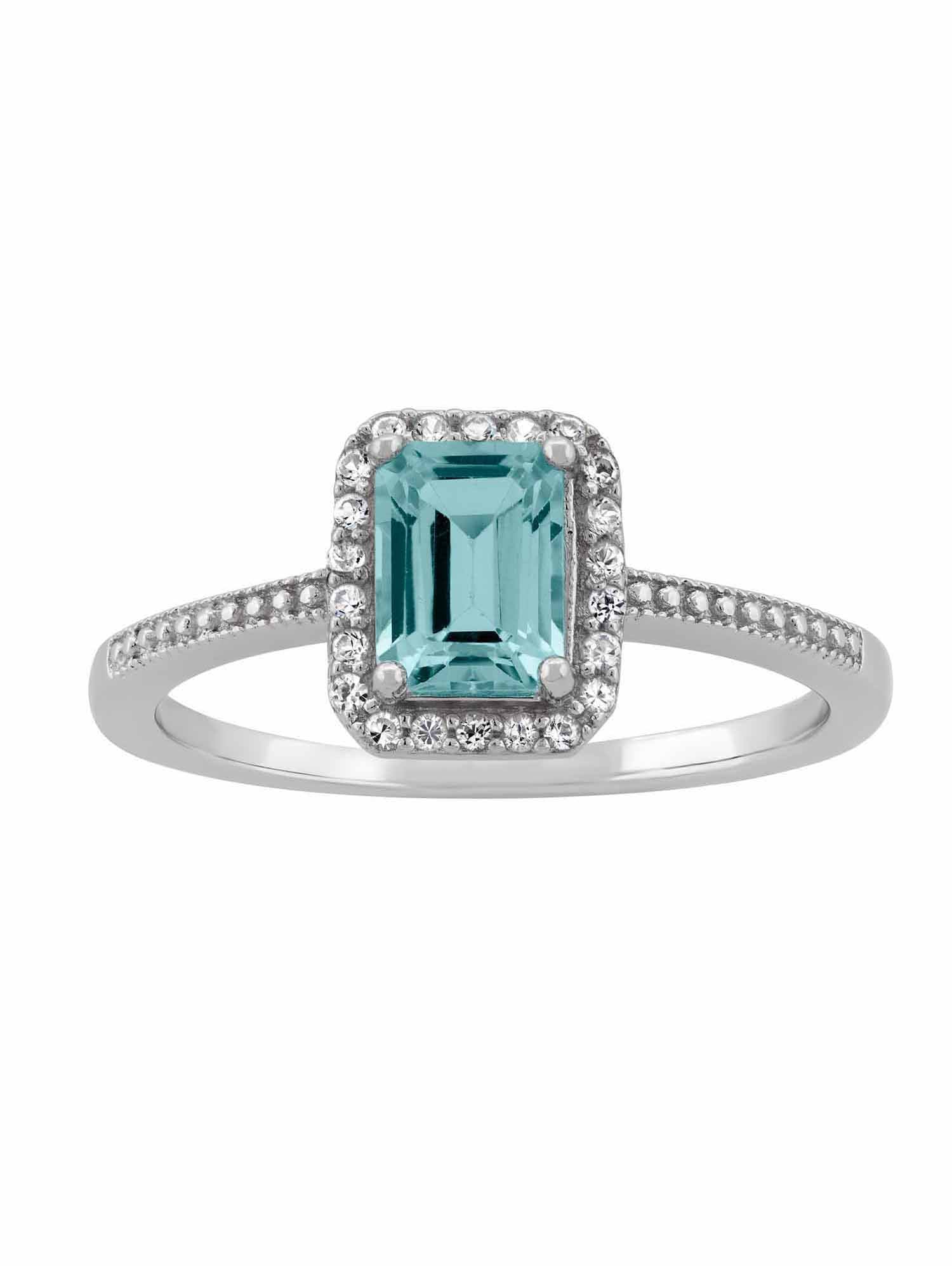 Aquamarine and CZ Sterling Silver Emerald-Cut Halo Ring