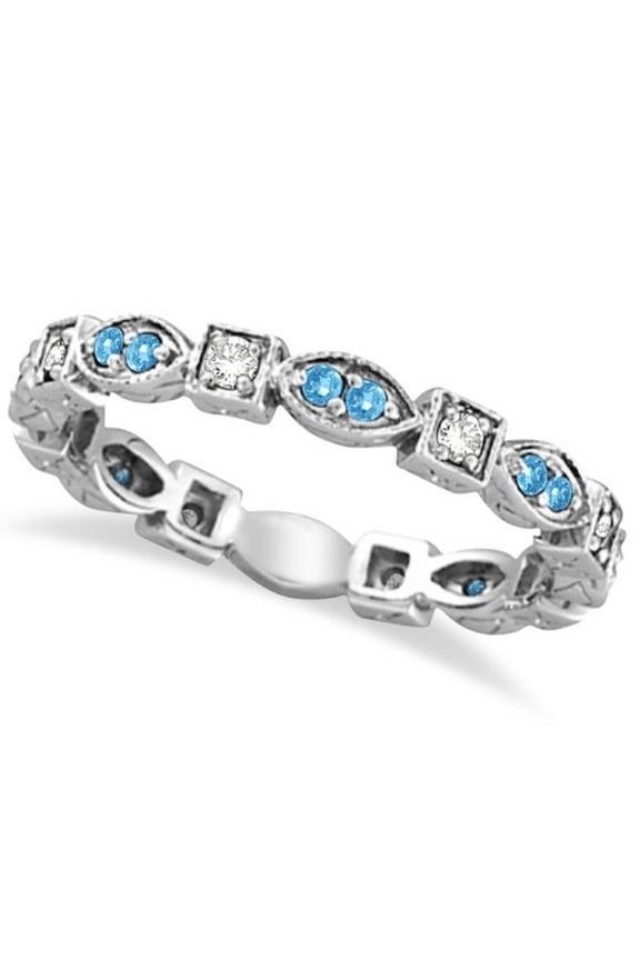 Aquamarine and Diamond Eternity Anniversary Ring Band 14k White Gold