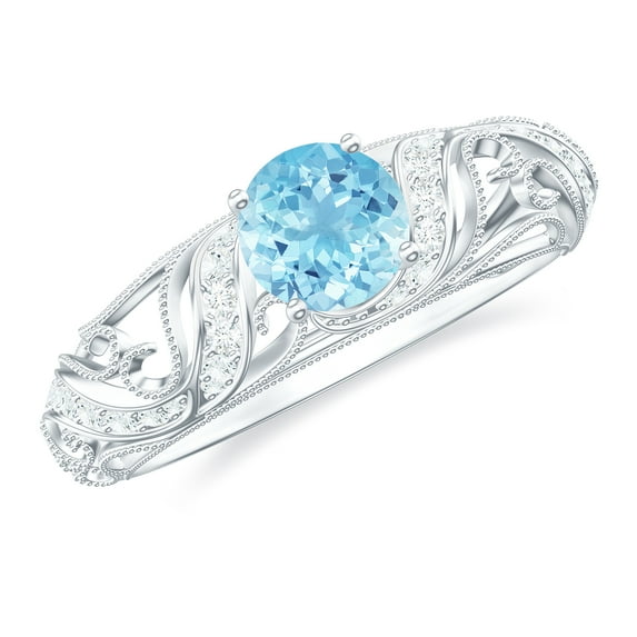 Rosec Jewels Natural Aquamarine Diamond Engagement Ring for Women - Vintage Style Ring - 6 mm - AAA Quality - with Jewelry Box, 14K White Gold, US 9.00