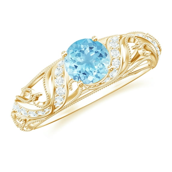 Rosec Jewels Natural Aquamarine Diamond Engagement Ring for Women - Vintage Style Ring - 6 mm - AAA Quality - with Jewelry Box, 14K Yellow Gold, US 6.00