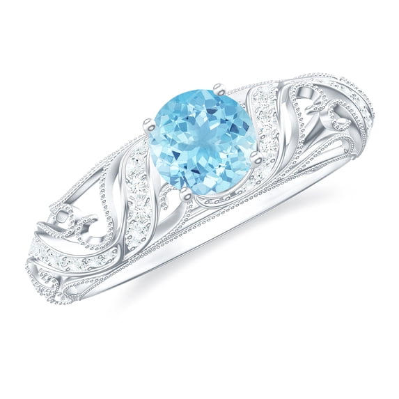 Rosec Jewels Natural Aquamarine Diamond Engagement Ring for Women - Vintage Style Ring - 6 mm - AAA Quality - with Jewelry Box, 18K White Gold, US 5.00