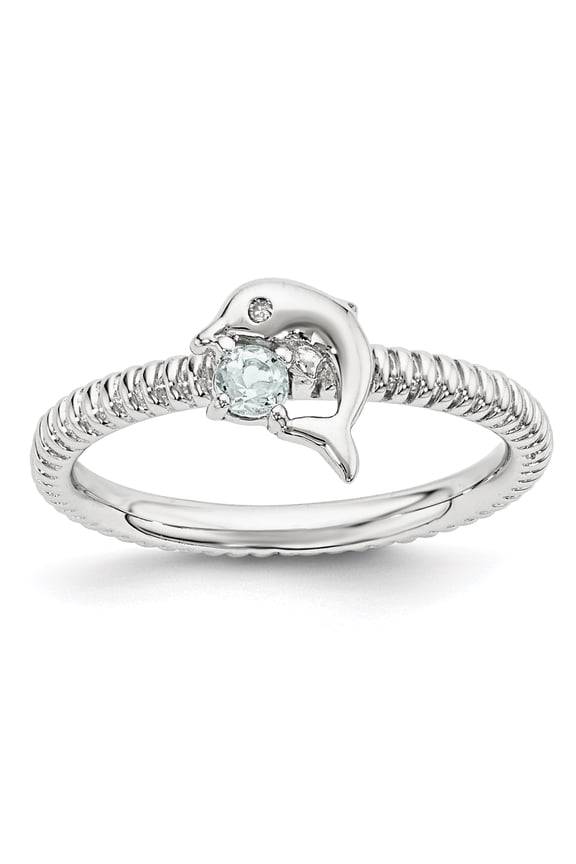 Aquamarine and Diamond Sterling Silver Dolphin Ring