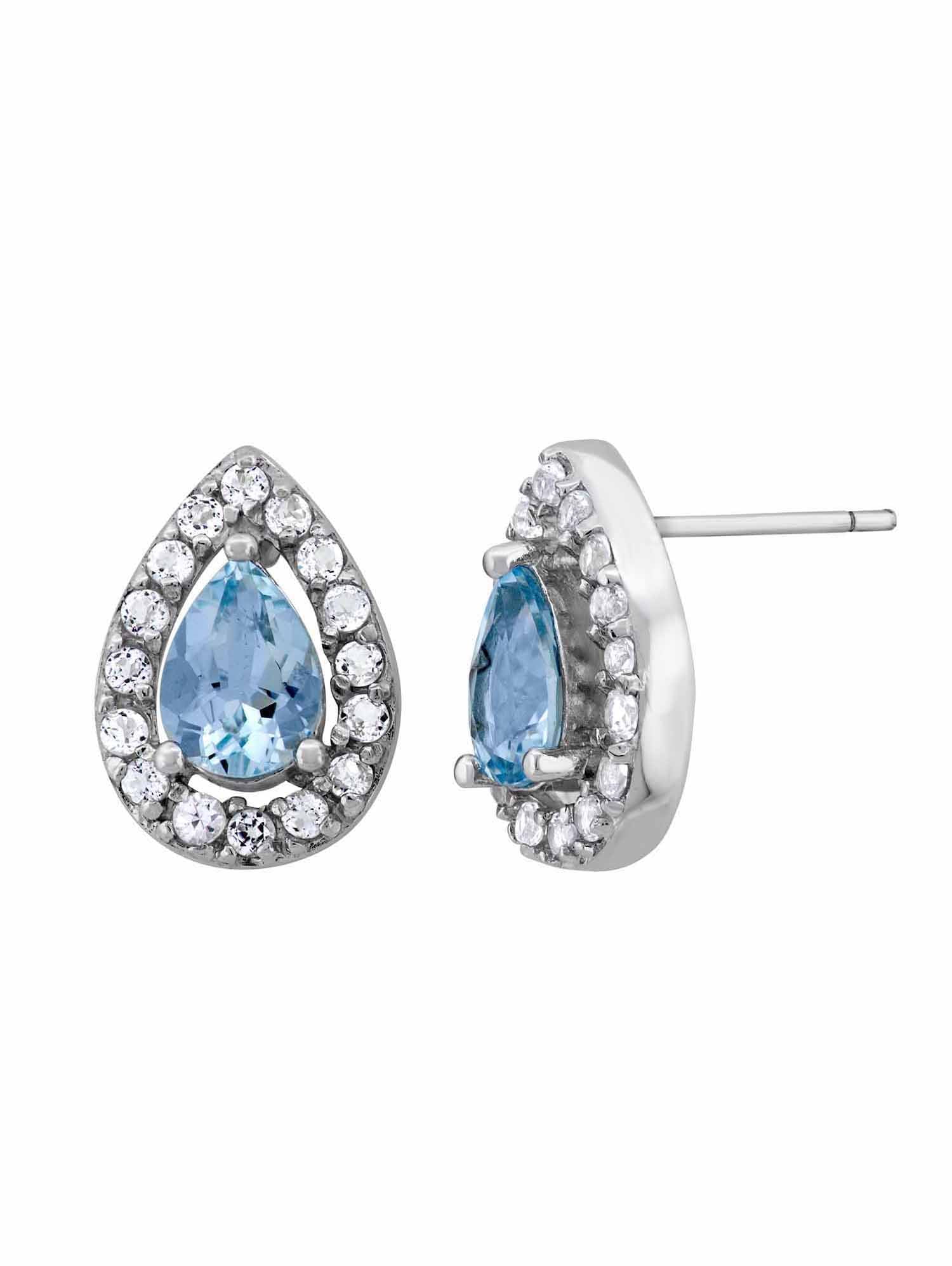 Aquamarine and White Topaz Sterling Silver Pear-Shape Halo Stud Earrings