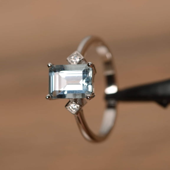 Aquamarine ring March birthstone ring sterling silver engagement ring emerald cut natural gemstone promise ring