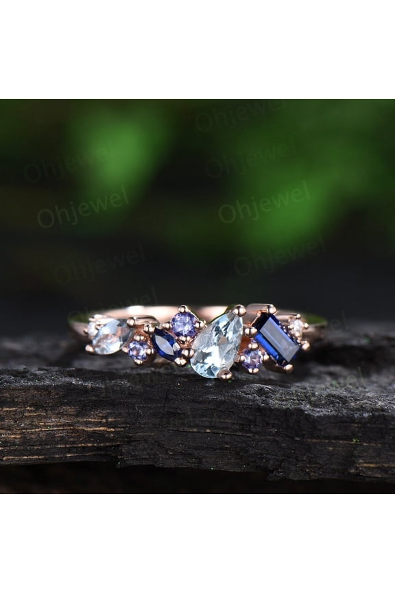Aquamarine ring art deco Baguette sapphire ring dainty tanzanite ring women silver gold anniversary wedding gift