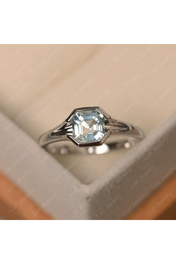 Aquamarine ring, solitoire engagement ring, asscher cut ,white gold Plated, March birthstone