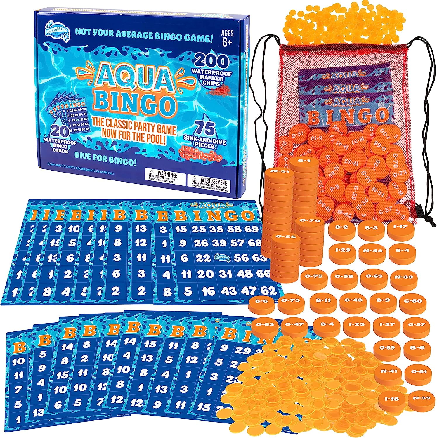 Aquamazing Aqua Bingo Waterproof Unisex Pool Diving Set, Plastic, Orange, 12.24"