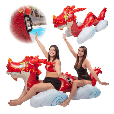Aquamazing Giant Dragon Pool Float - 2 Person Rider for Double the Fun- Over 7 Feet Long- XL Inflatable Toy with Handles- Use at Summer