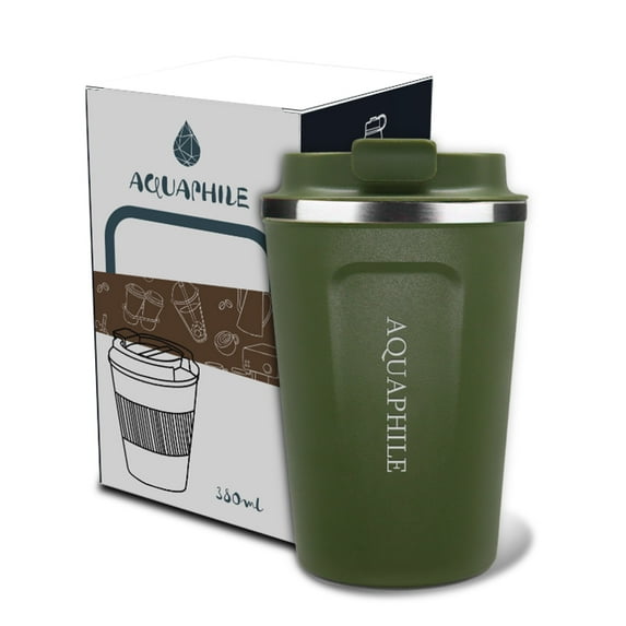 Aquaphile 12oz Coffee Mug to Go Stainless Steel Thermos Double Wall Insulated Coffee Cup Reusable Travel Mug with Leak Proof Lid, Olive Green