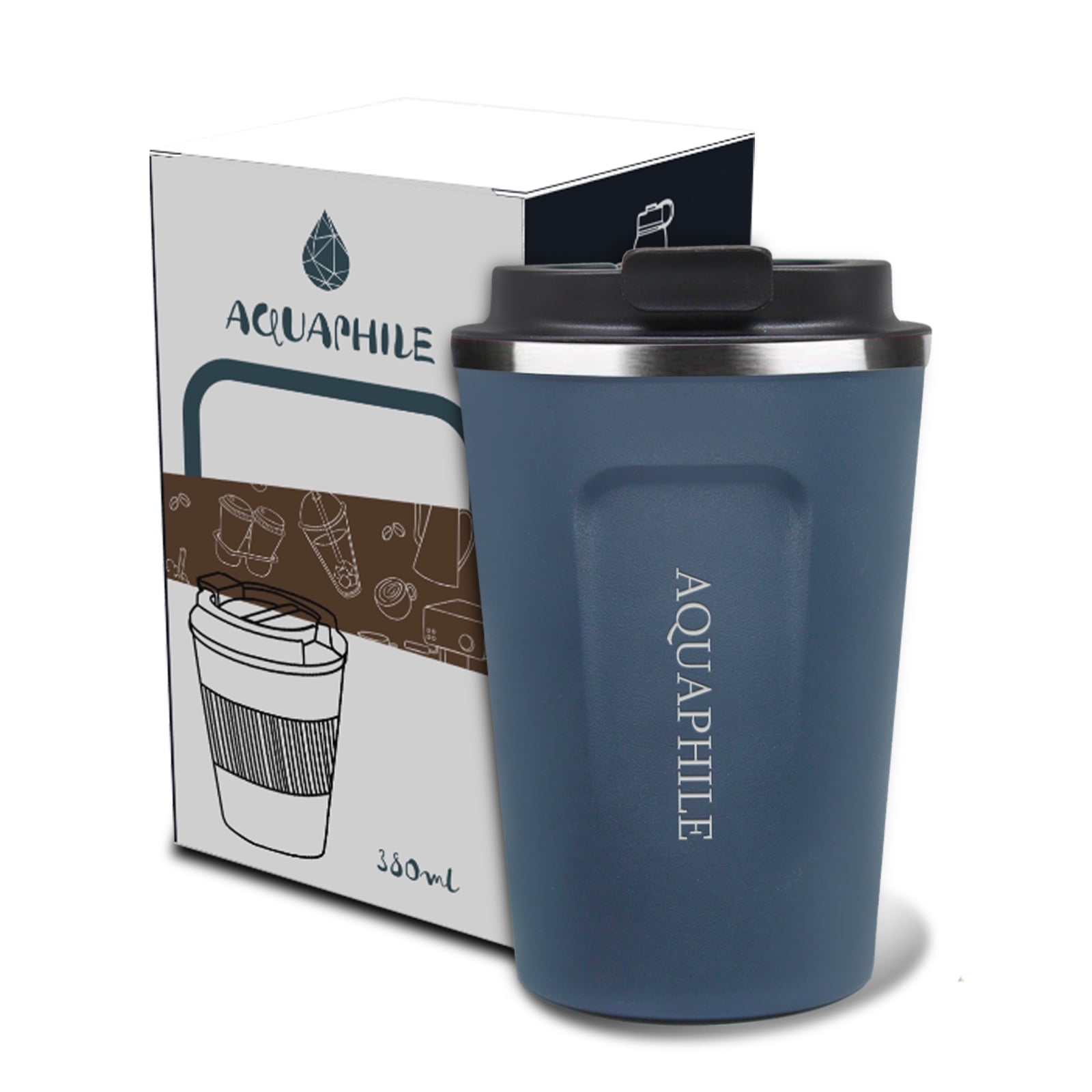 Aquaphile 12oz Coffee Mug to Go Stainless Steel Thermos Double Wall  Insulated Coffee Cup Reusable Travel Mug with Leak proof Lid, Navy Blue