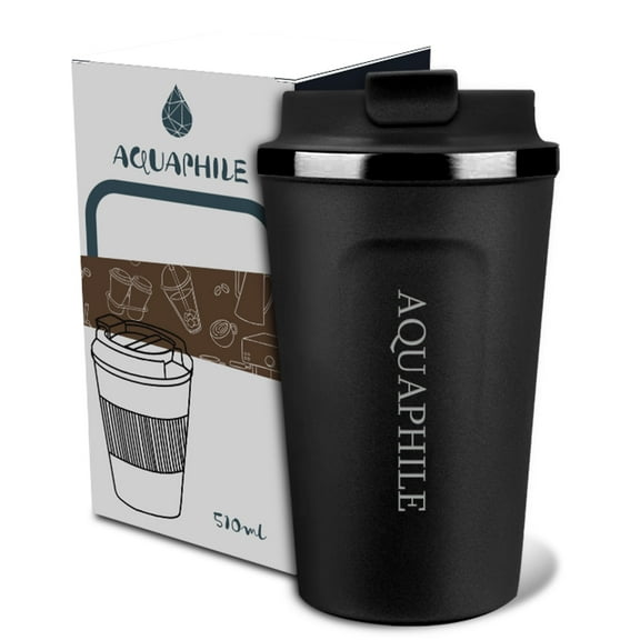 Aquaphile 17oz Coffee Mug to Go Stainless Steel Thermos Double Wall Insulated Coffee Cup Reusable Travel Mug with Leak Proof Lid, Black