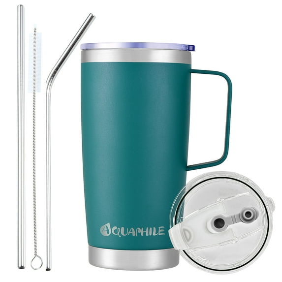 Aquaphile 20oz Stainless Steel Insulated Coffee Mug with Handle, Double Walled Vacuum Travel Cup with Lid & Straw, Portable Coffee Tumbler,Blue
