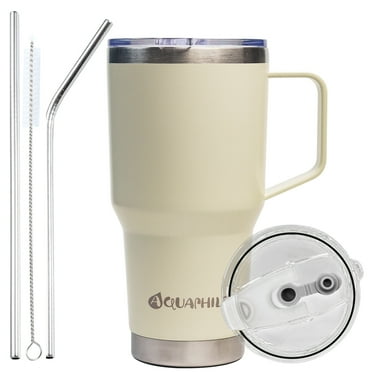 Aquaphile 30oz Stainless Steel Insulated Coffee Mug with Handle, Double Walled Vacuum Travel Cup with Lid & Straw, Portable Coffee Tumbler,Ivory