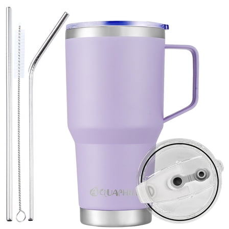 Aquaphile 30oz Stainless Steel Insulated Coffee Mug with Handle, Double Walled Vacuum Travel Cup with Lid & Straw, Portable Coffee Tumbler,Lavender