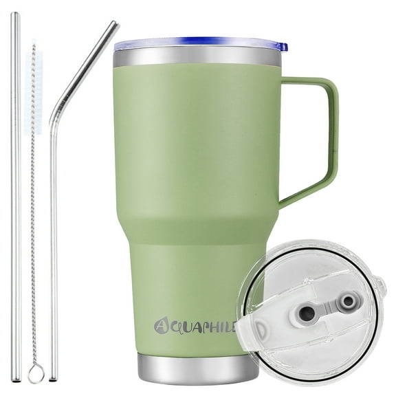 Aquaphile 30oz Stainless Steel Insulated Coffee Mug with Handle, Double Walled Vacuum Travel Cup with Lid & Straw, Portable Coffee Tumbler,Sage Green