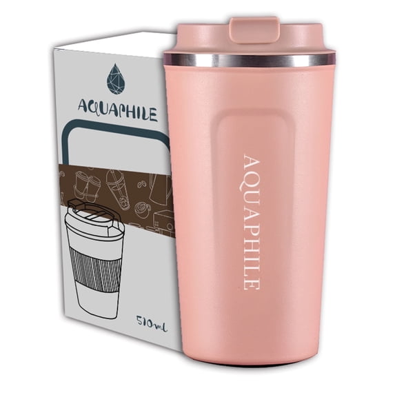 Aquaphile Double Walled Stainless Steel Insulated Coffee Travel Coffee Mug, Light Pink 17 Oz