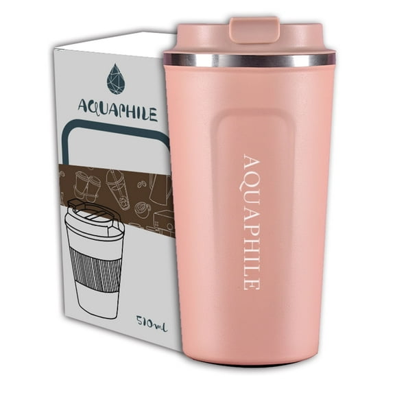 Aquaphile Double Walled Stainless Steel Insulated Coffee Travel Coffee Mug, Light Pink 17 Oz