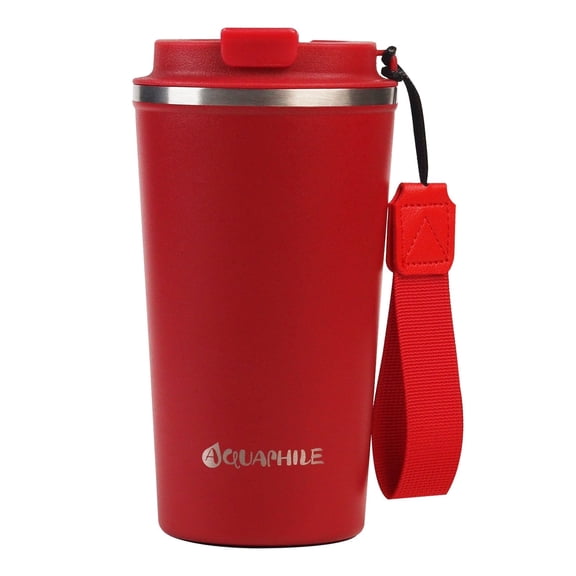 Aquaphile Thermo Coffee Mug to Go with Strap 17oz, Reusable Travel Mug with Insulation, Leak Proof Stainless Steel Thermal Cup for Hot and Cold Drinks, Red