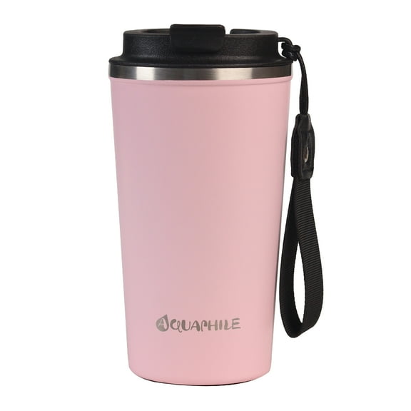 Aquaphile Thermo Coffee Mug-to-go with Strap 17oz, Reusable Travel Mug with Insulation, Leak Proof Stainless Steel Thermal Cup for Hot and Cold Drinks, Pink