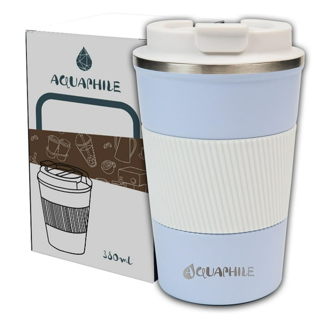 Aquaphile Travel Coffee Cup Leak proof Insulated Reusable Travel Coffee Mug Blue White 12 Fluid