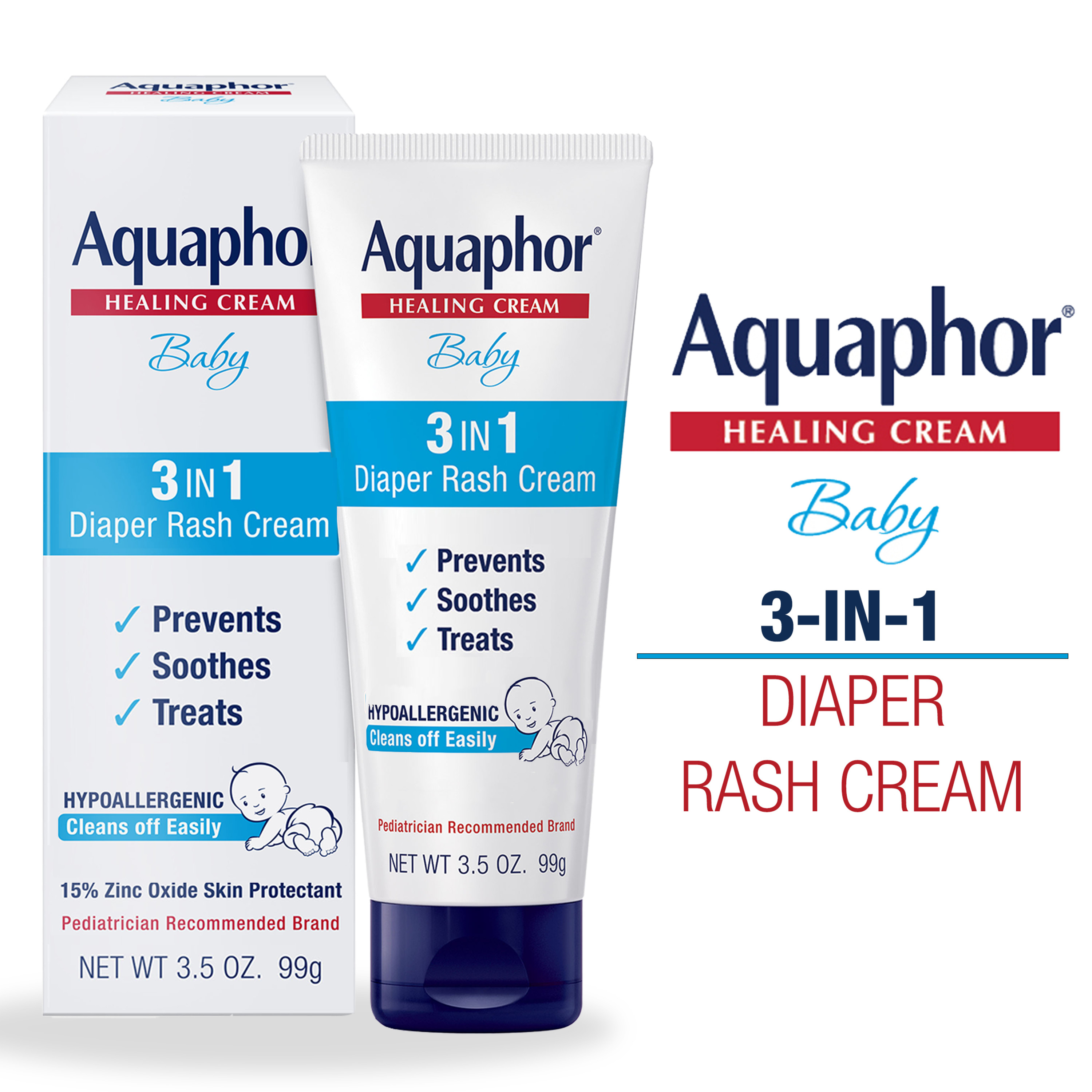 Aquaphor Baby Diaper Rash Cream, 3-in-1 Diaper Rash Relief, 3.5 Oz Tube - image 1 of 14