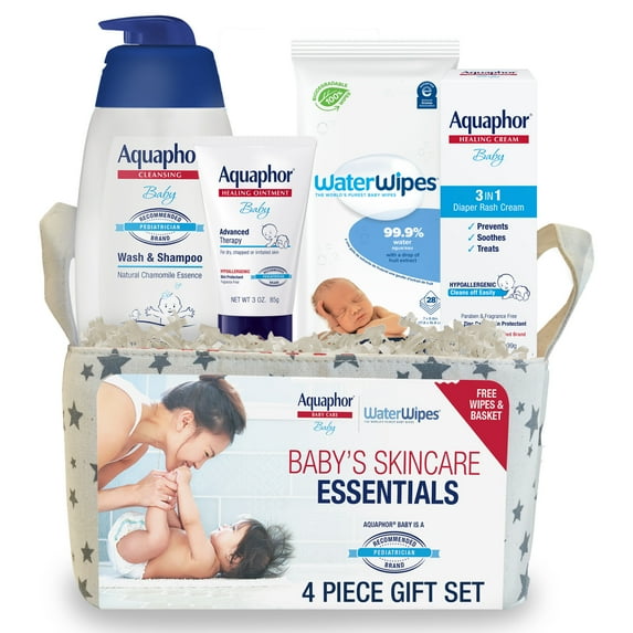 Aquaphor Baby Skincare Essentials Gift Set, Ointment, Diaper Rash Cream, Shampoo and Wipes, 4 Piece