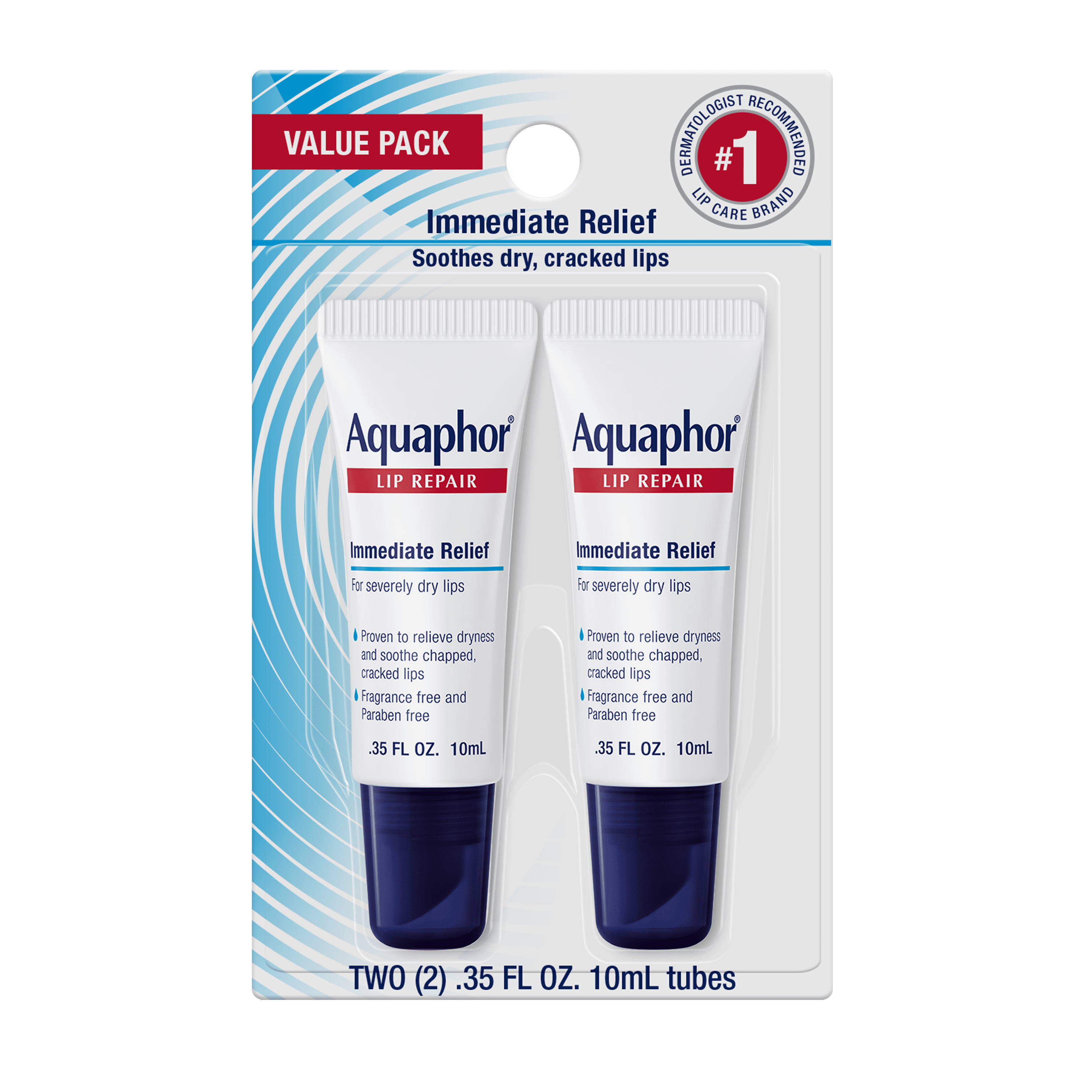 Aquaphor Lip Repair Ointment, Long-lasting Moisture to Soothe Dry Chapped Lips, 0.35 oz. (Pack of 2 tubes)
