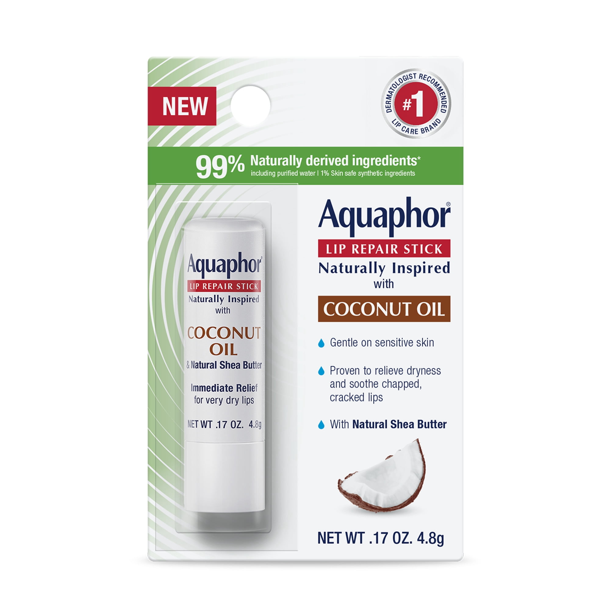 Aquaphor Naturally Inspired Lip Repair Balm Stick for Very Dry Lips with Coconut Oil, 0.17 oz