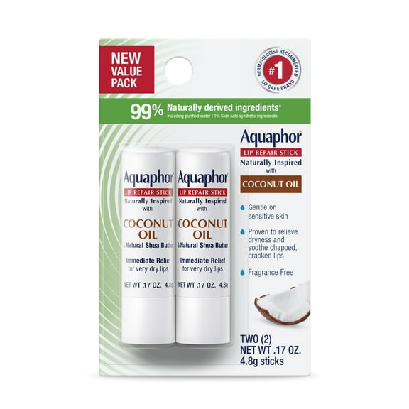 Aquaphor Naturally Inspired Lip Repair Balm Stick for Very Dry Lips with Coconut Oil, 0.17 oz, 2 Pack