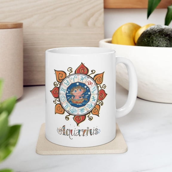 Aquars Zodiac Mug Celestial Ceramic Coffee Cup, Astrology Gift.