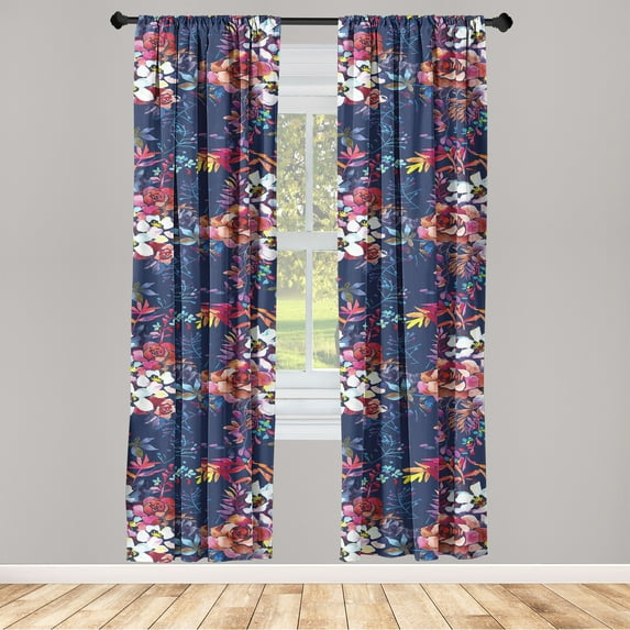 Aquarelle Bloom Window Curtains, Colorful Modern Flowers Silhouettes with Dreamy Leaves Artwork, Lightweight Decor 2-Panel Set with Rod Pocket, Pair of - 28"x84", Quartz Coral Multicolor, by Ambesonne